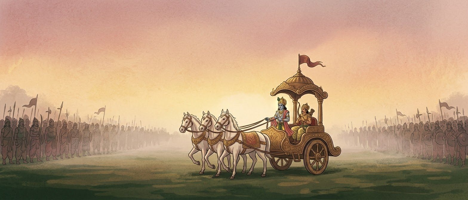Krishna and Arjuna in the chariot between the two armies at Kurukshetra, at dawn