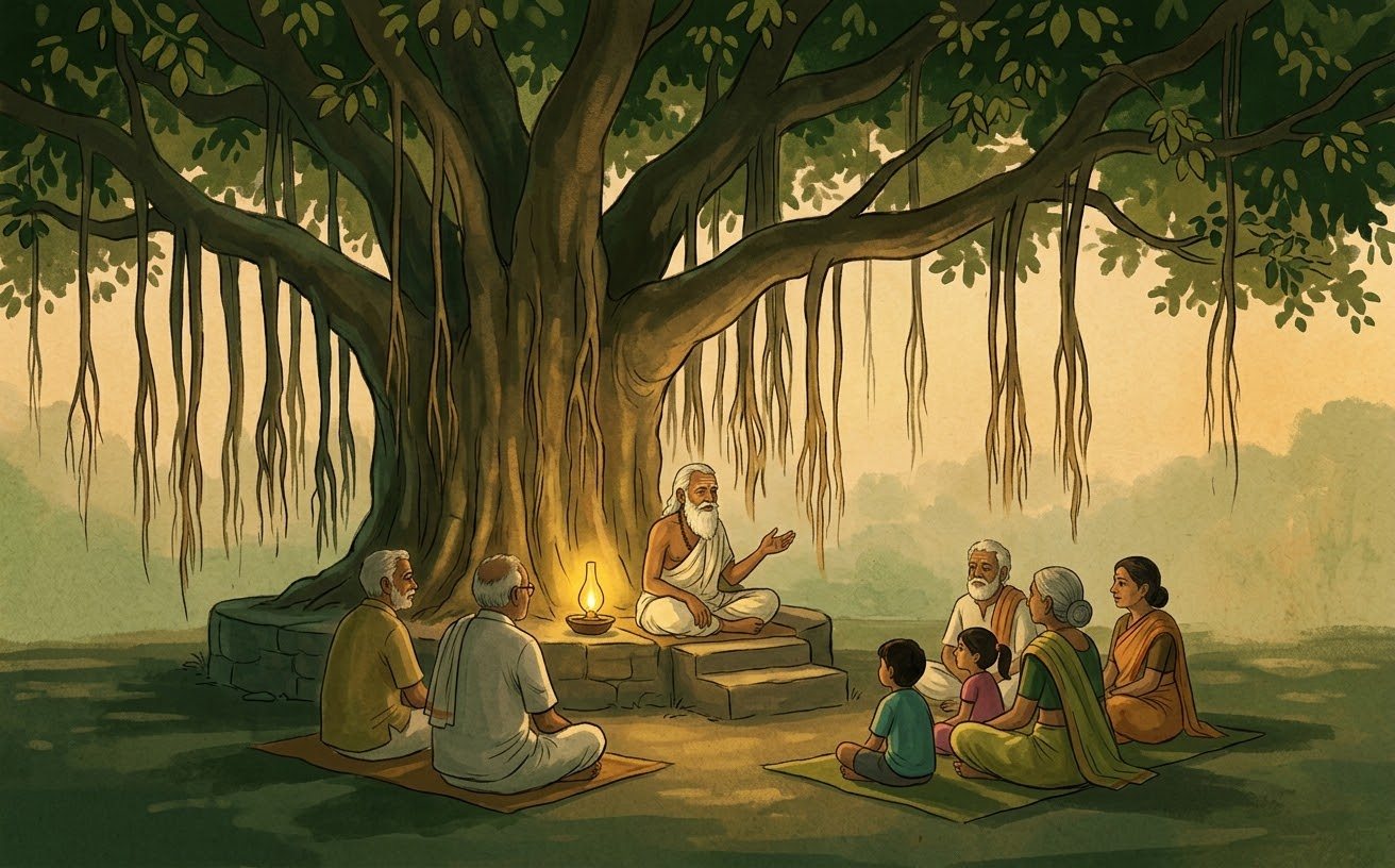 Elders and children gathered under a great banyan tree at dusk, listening to a storyteller