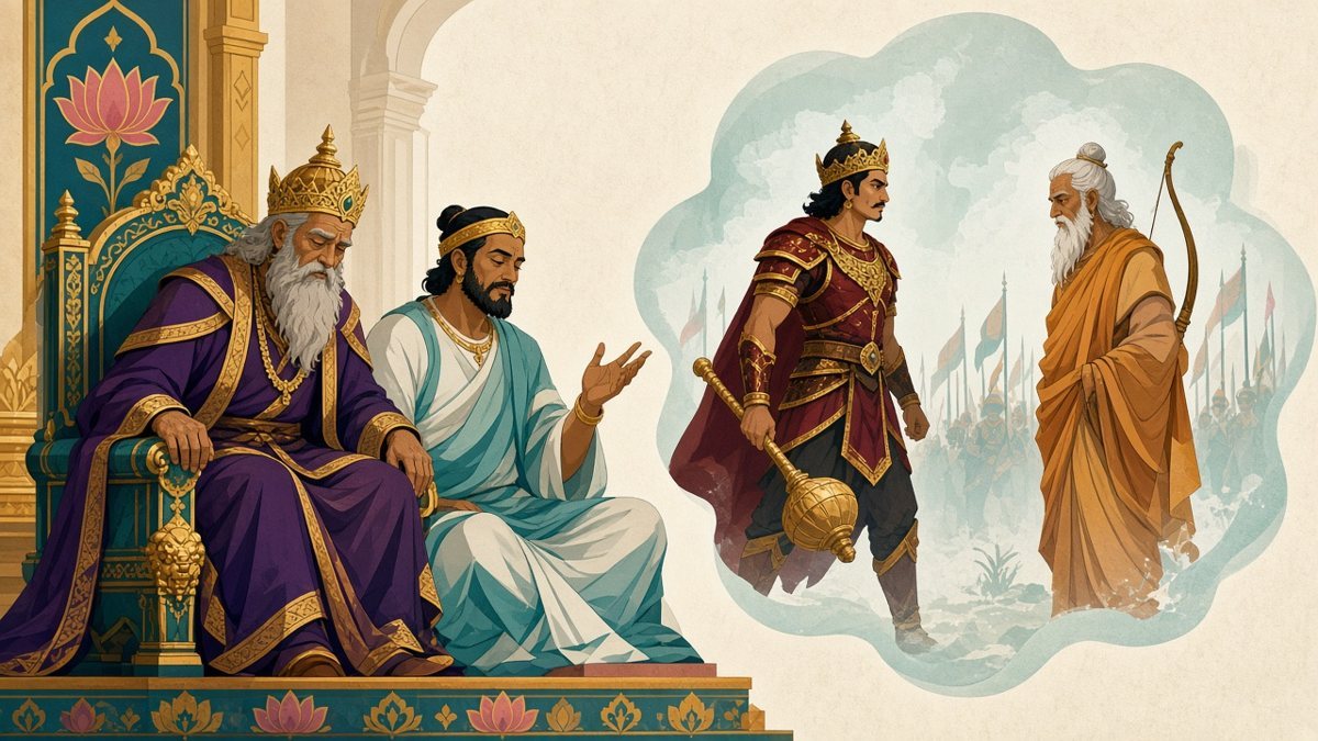 In the palace at Hastinapura, the blind king Dhṛtarāṣṭra asks Sañjaya what is happening at Kurukshetra; through his divine sight Sañjaya sees Duryodhana striding up to his teacher Droṇa (Bhagavad Gita 1.1–4).