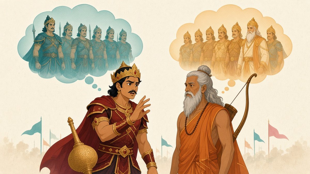 Duryodhana, tense and talking fast, counts off the heroes of both armies to his calm teacher Droṇa, while faint clouds of the warriors he names, with the elder Bhīṣma among his own side, hang over them (Bhagavad Gita 1.5–8).
