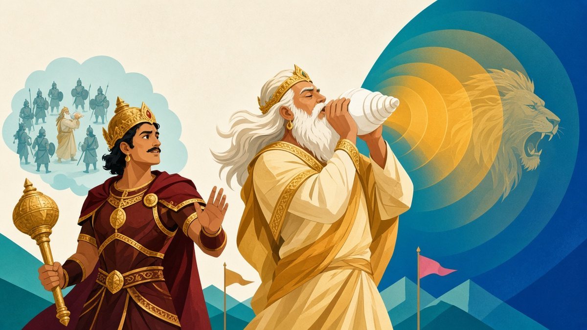 The old patriarch Bhīṣma blows his conch with a lion's roar to lift the spirits of the anxious prince Duryodhana, who pictures his warriors forming a guard around the elder (Bhagavad Gita 1.9–12).