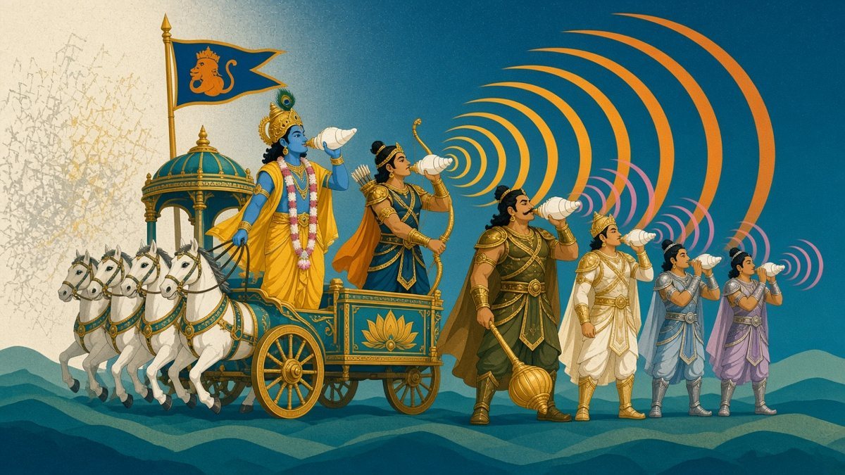 Krishna and Arjuna blow their conches from their white-horsed chariot as Bhīma, Yudhiṣṭhira and the twins Nakula and Sahadeva answer one by one, while the other army's din fades at the edge (Bhagavad Gita 1.13–16).