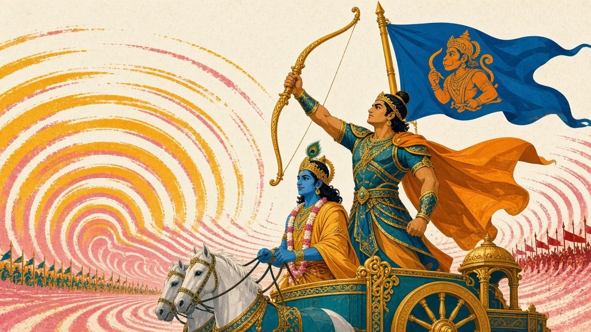 Arjuna raises his golden bow beneath his Hanuman banner as Krishna holds the reins, while the allies' conch blasts ripple across sky and earth and shake the distant Kaurava lines (Bhagavad Gita 1.17–20).
