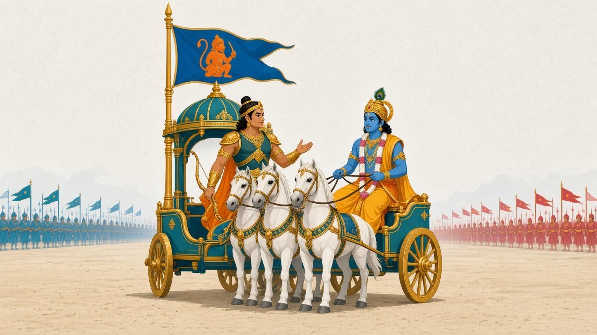 Arjuna asks Krishna to drive their chariot into the open ground between the two armies so he can look at who has come to fight (Bhagavad Gita 1.21–24).