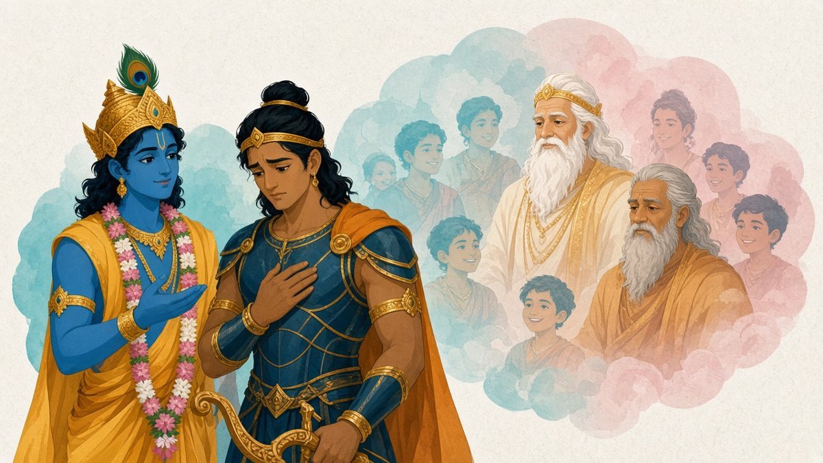 Krishna tells Arjuna to look, and Arjuna, seeing his grandfather, teacher, cousins and friends among those ready to fight, is overcome with sorrow (Bhagavad Gita 1.25–28).