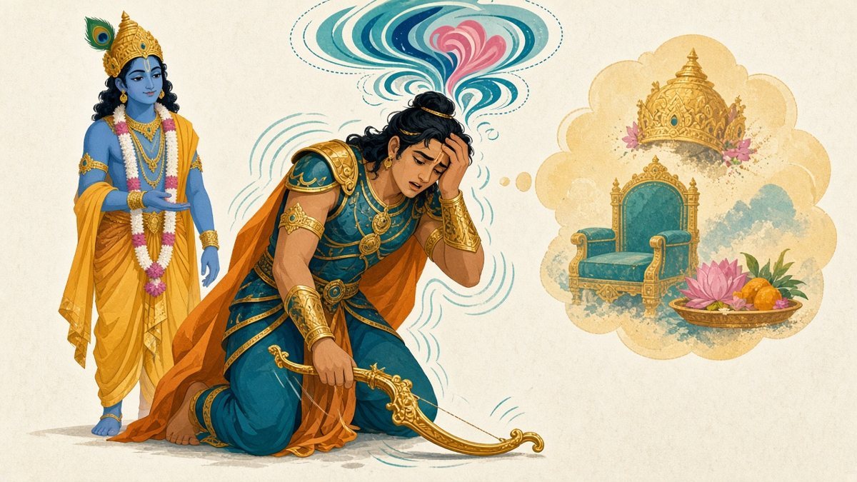 Arjuna trembles as his bow Gāṇḍīva slips from his hand and his mind spins, while a faint cloud of crown and throne fades away beside him (Bhagavad Gita 1.29–32).