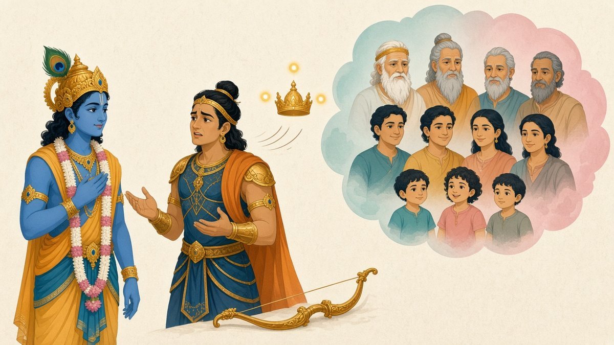 Arjuna, his bow laid at his feet, pleads with Krishna as a memory cloud of grandfathers, teachers, sons and grandsons fills his mind and a faint crown of the three worlds drifts away (Bhagavad Gita 1.33–36).