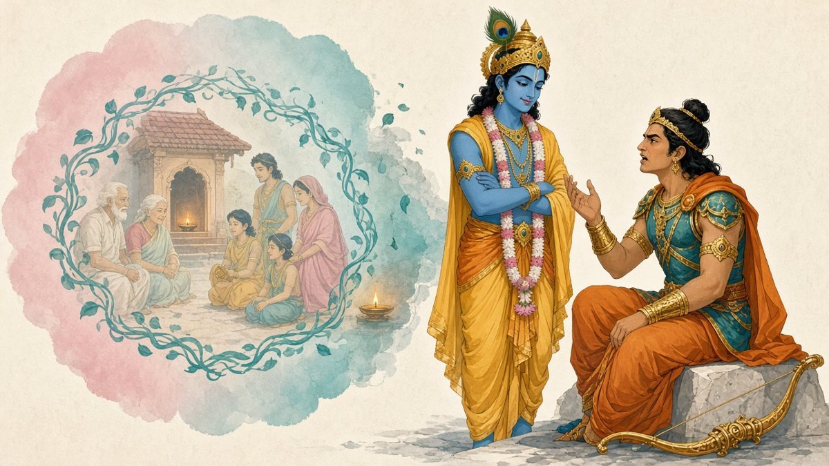 Arjuna, his bow set down beside him, counts out his reasons to a calm Krishna while a soft memory cloud shows a family courtyard whose lamp flickers and whose family-tree vine sheds its leaves (Bhagavad Gita 1.37–40).