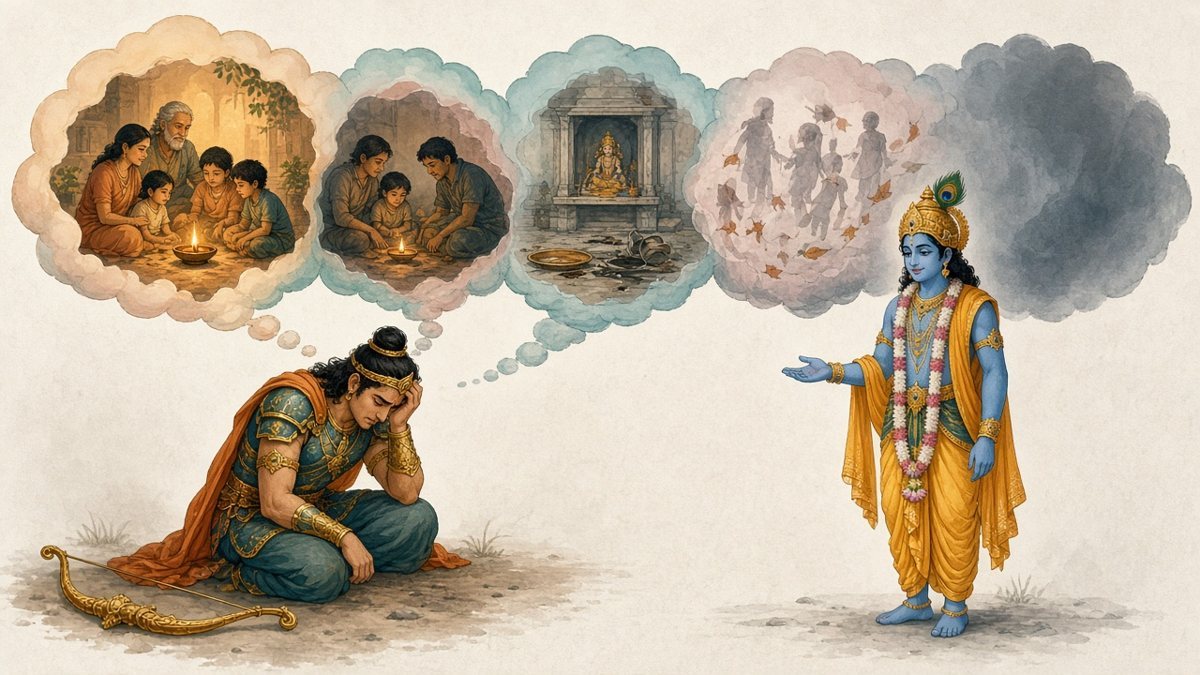 Arjuna kneels with his bow on the ground while a trail of fading thought-clouds rises from him, from a lit family courtyard to an empty offering plate to drifting ancestors, as Krishna watches quietly (Bhagavad Gita 1.41–44).