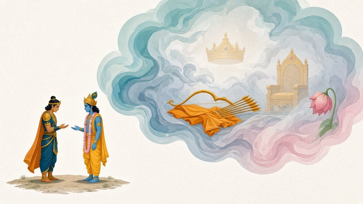 Arjuna, standing small beside Krishna, voices his despair while a large vision cloud shows his golden bow and arrows laid down on a saffron cloth and a crown and empty throne fading away (Bhagavad Gita 1.45–47).