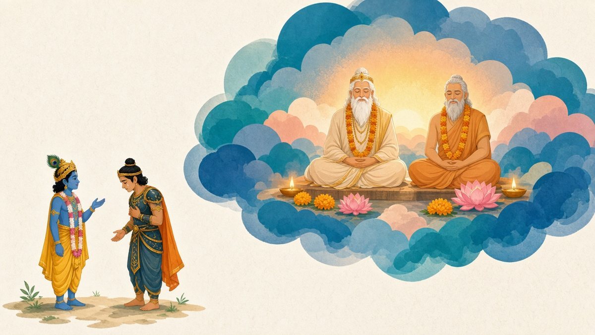 Krishna, standing small beside the tearful Arjuna, speaks to him for the first time, while a large vision cloud shows the two elders Arjuna reveres, Bhīṣma and Droṇa, seated calmly behind garlands, lamps and lotus offerings (Bhagavad Gita 2.1–4).