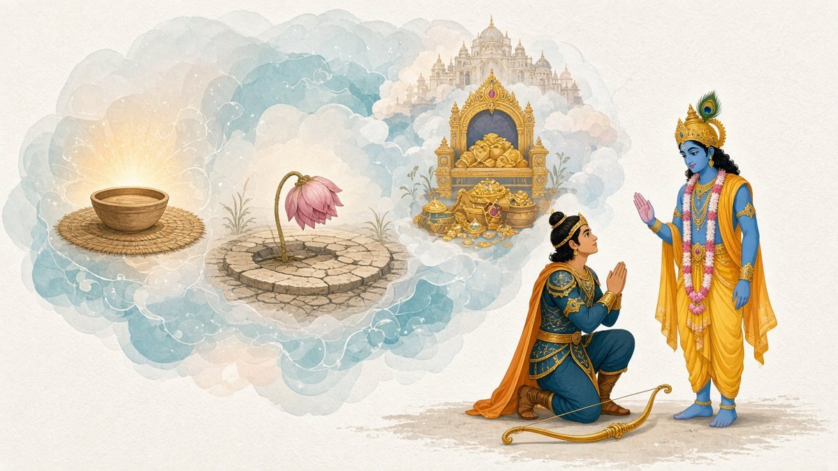 Krishna, standing small, begins to answer as Arjuna kneels with joined palms and asks to be taught, while a large vision cloud shows a simple begging bowl, a wilted lotus in a dried-up pond and a fading golden throne and palace of the gods (Bhagavad Gita 2.5–8).