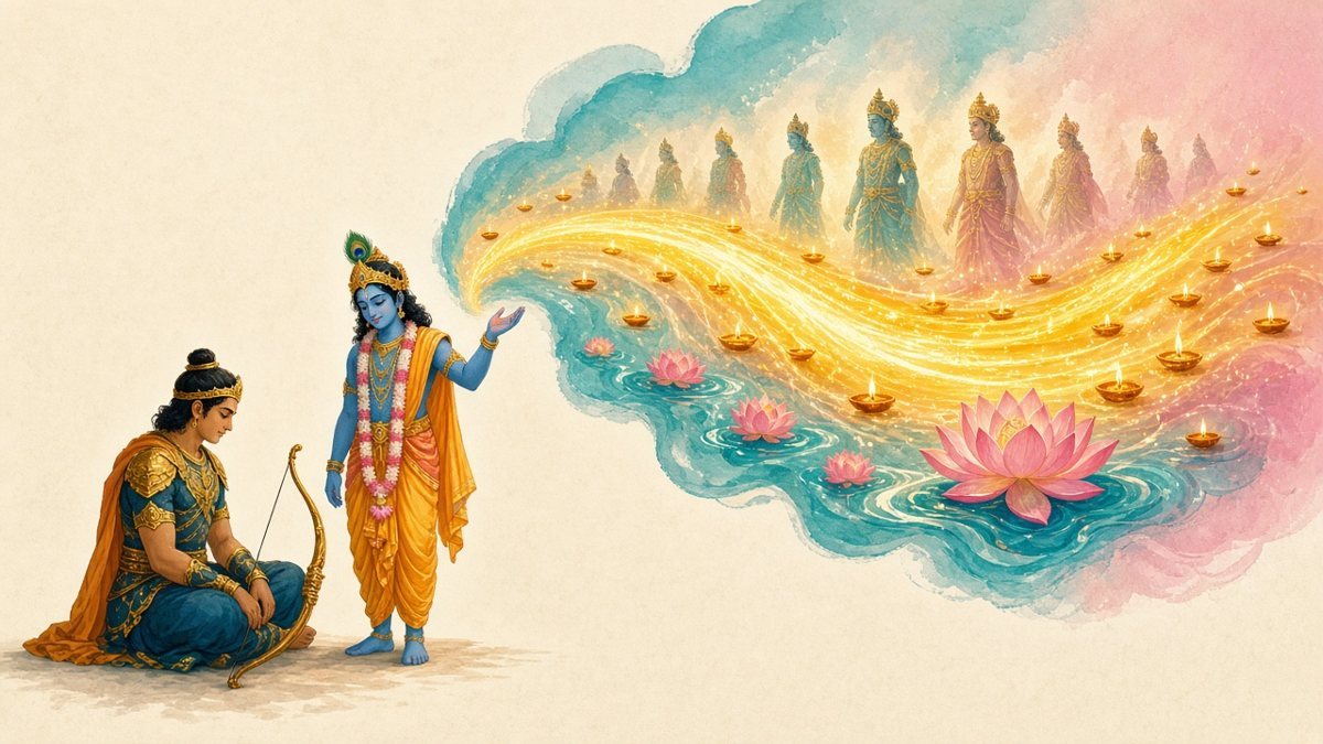 Krishna, standing small, begins to teach with a gentle almost-smile as Arjuna sits silent beside his bow, while a large vision cloud shows a river of golden light with unextinguished lamps and faint crowned kings standing in it, as if always there (Bhagavad Gita 2.9–12).