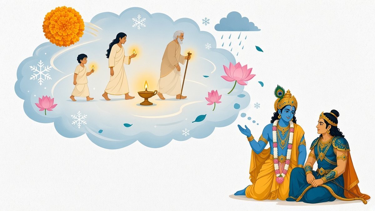 Krishna, seated small, teaches as Arjuna listens beside his bow, while a large vision cloud shows one person walking as child, young adult and elder past a steady lamp, with sun, snow, rain and blossoms drifting by (Bhagavad Gita 2.13–16).